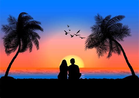 Graphics Image A Couple Man And Women Sitting Look At Sunset On The Beach Design Vector