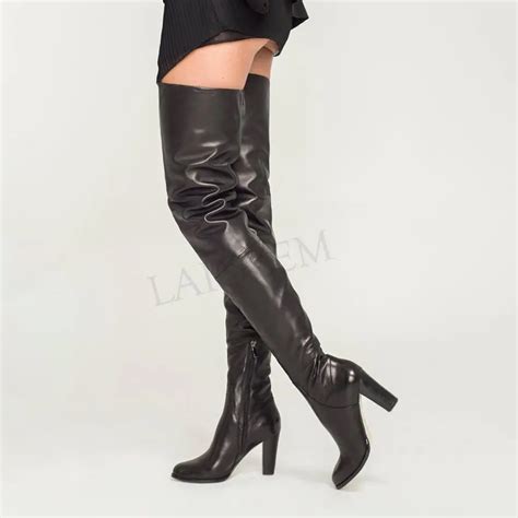 Laigzem Women Thigh High Boots Faux Leather Block Heeled Boots Over Knee High Shoes Woman Botas