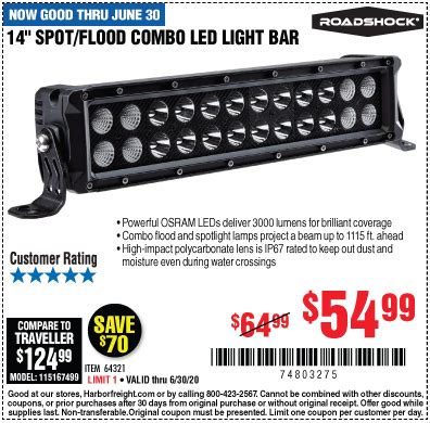 Check spelling or type a new query. ROADSHOCK 14 in. Spot/Flood Combo LED Light Bar for $54.99 ...