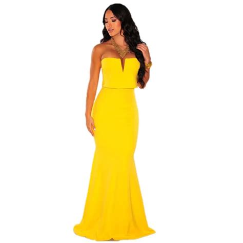 summer maxi dress 2016 vestidos sexy yellow dresses for women plunging long strapless dress