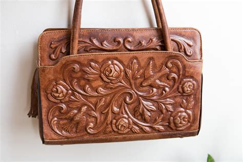 Brown Leather Purse Vintage 1960s Mexican Tooled Leather Boho Bag
