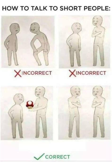 I love how comfortable they look about each other but the 'correct' version is just absolutely adorable. How to talk to short people - Meme Guy