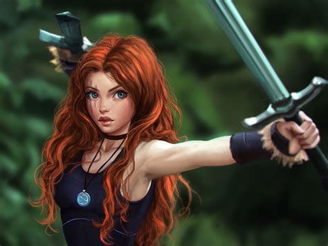 Picture Swords Redhead Girl Warriors Beautiful Hair Fantasy Singlet