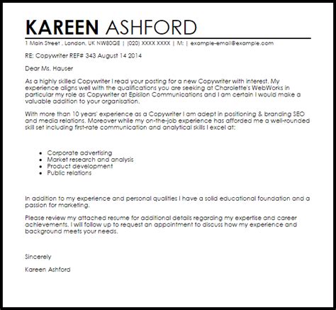 Application cover letters or job application cover letters present your case in a gratifying manner. Copywriter Cover Letter Sample | LiveCareer