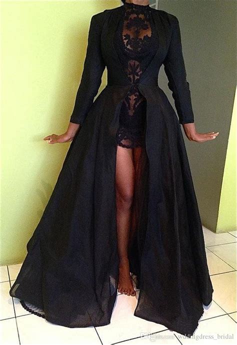 Sexy Black Lace Two Pieces Prom Dresses Long Sleeves Detachable Coat