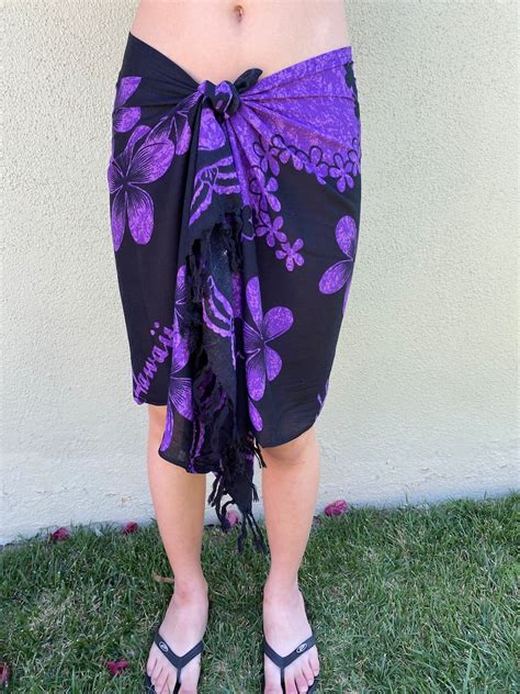 hawaiian hibiscus plumeria pareo wrap black half cut sarong etsy