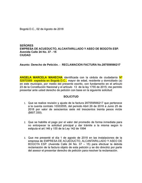Derecho DE Peticion Acueducto Bogotá D 02 de Agosto de 2018 SEÑORES