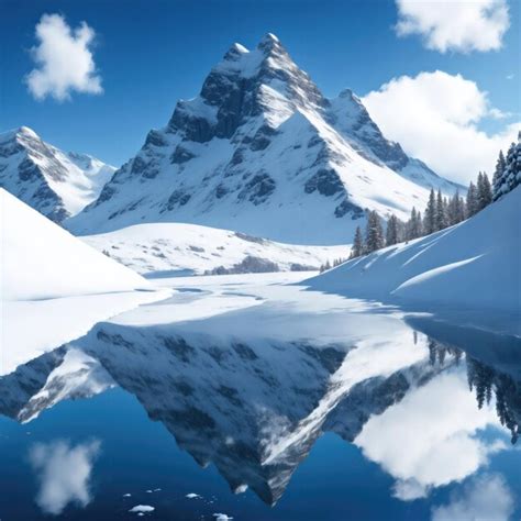 Premium Photo Snow Covered Mountain Blue Sky With Reflection In Lack