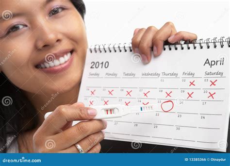 Happy Woman Positive Pregnancy Test And Calendar Stock Photo Image Of