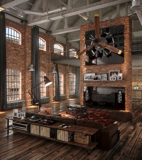 Beautiful Industrial Living Room In Loft With Wood Floors Brick Walls