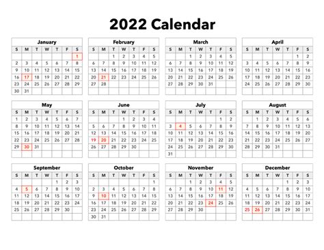 2022 Year Calendar With Holidays