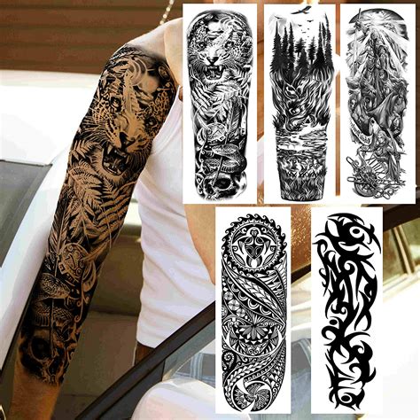 Vantaty Sheets Extra Large Full Arm Temporary Tattoos For Men Adults Tiger Snake Leopard