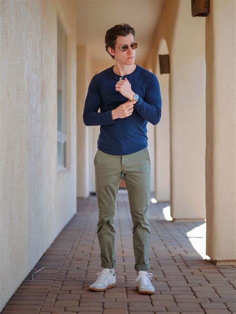 Blue Henley With Olive Chinos The Modest Man