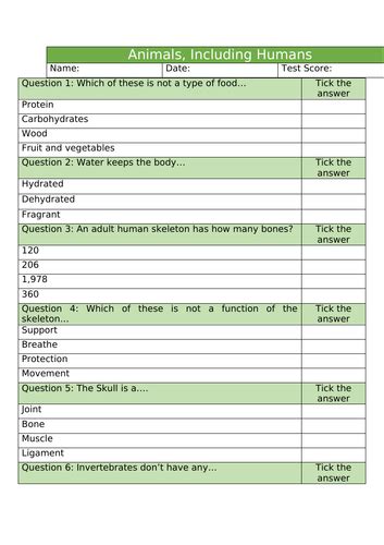 Year 3 Animals Including Humans Science Knowledge Organiser Quiz