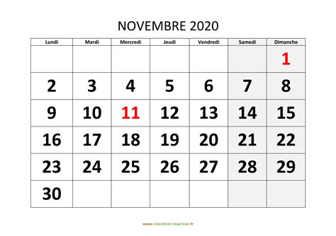 Calendrier Novembre 2020 à Imprimer