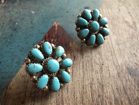 Turquoise Cluster Earrings Sterling Silver Native American Indian