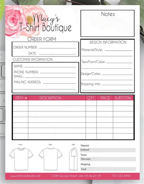 Craft Order Form Template Custom T Shirt Order Form Diy Etsy