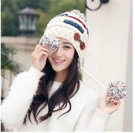 Brand Designer Cute Ears Winter Hats For Women Handmade Knitted Beanie