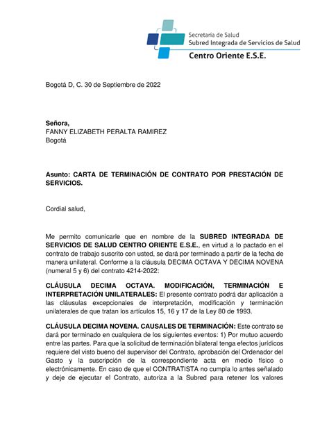 Carta De Terminación De Contrato Por Prestación De Servicios Bogotá D