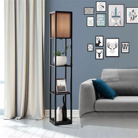 Floor Lamp With 3 Tier Shelves Corner Lighting Modern Bookshelf For
