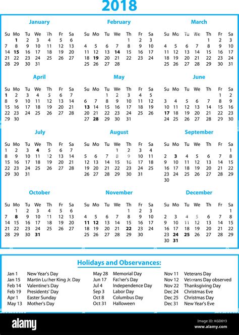 2018 Monthly Calendar With Holidays Printable