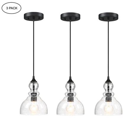 Hukoro 1 Light Kitchen Island Teardrop Seeded Glass Pendant With Matte Black Finish 3 Pack