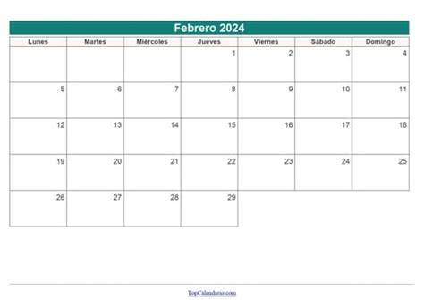 Calendario Febrero 2024 Para Imprimir Mensual