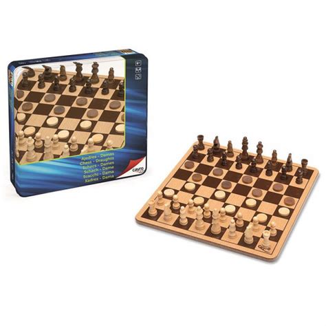 Настолна игра Дървен Шах и дама 2 в 1 в метална кутия Дървените