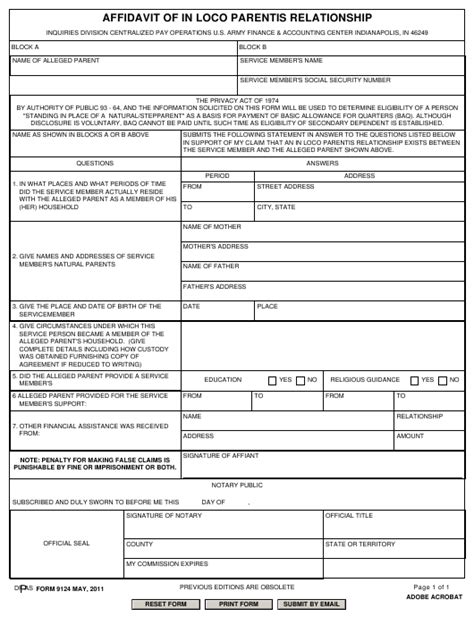 Form 9124 Download Fillable Pdf Affidavit Of In Loco Parentis