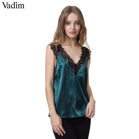 Buy Vadim Women Lace Trim Double V Neck Satin Silk Top Sexy Tops Fitness Tank