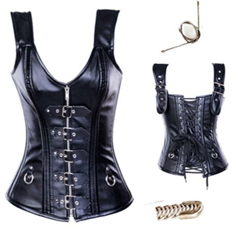 Fashion Zipper Faux Leather Corselet Gothic Shoulder Strap Corset Steampunk Plus Size Bustier