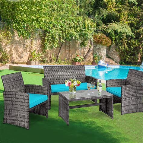 Gymax 4-Pieces Patio Outdoor Rattan Conversation Furniture Set with ...