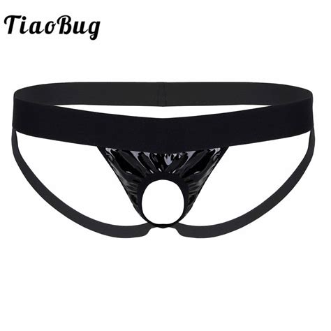 Tiaobug Men Shiny Faux Leather Open Crotch Underpants Low Rise Open