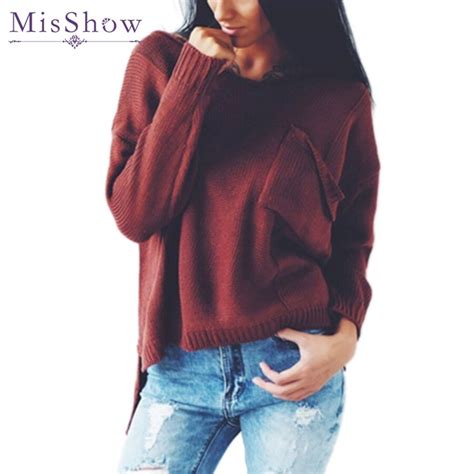Misshow Women Sweater Autumn Winter Sexy V Neck Knitted Long Sweater Loose Pullovers Solid Loose
