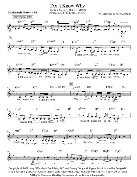 Dont Know Why Norah Jones Lead Sheet In Original Key Of Bb Free Music Sheet