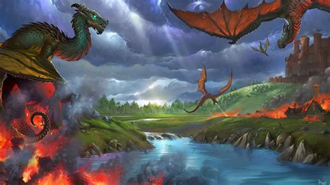 Fantasy Dragon Is Breathing Fire On Castle 4k Hd Dreamy Wallpapers Hd