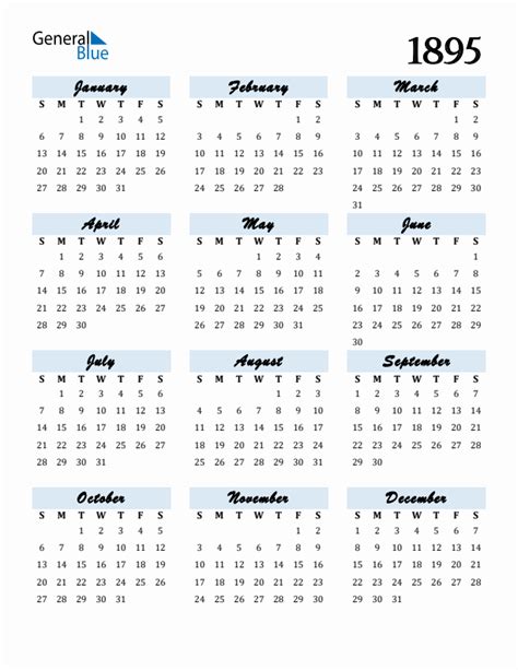 Free 1895 Calendars In Pdf Word Excel