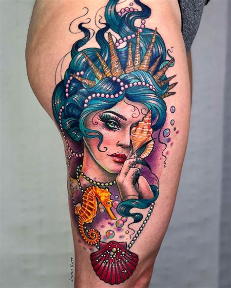 See more ideas about mermaid tattoos, tattoos, mermaid tattoo. Mermaid & Seahorse Thigh Piece