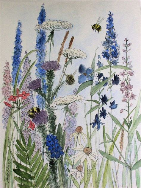Garden Nature Art Watercolor Painting Botanical Wildflowers By Laurie