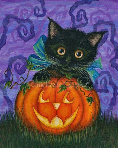 Halloween Black Cat Painting Fall Pumpkin Black Kitten Etsy