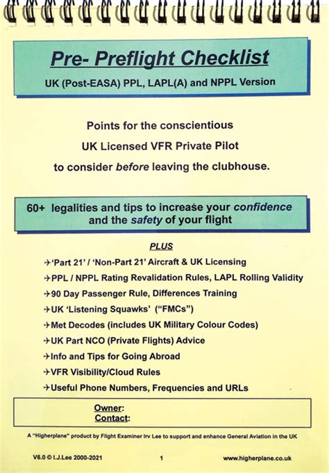 NCL170 Pre Preflight Checklist Irv Lee UK Post EASA Version