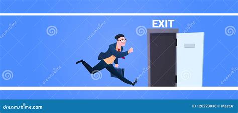 Businessman Run To Open Exit Door Man Running From Work Evacuation Sing
