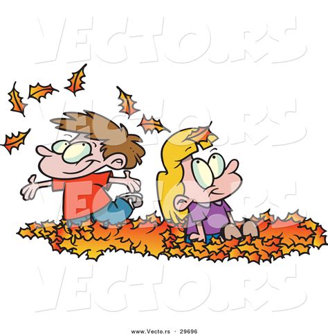 Vector Of Happy Cartoon Kids Playing In A Pile Of Autumn Leaves By
