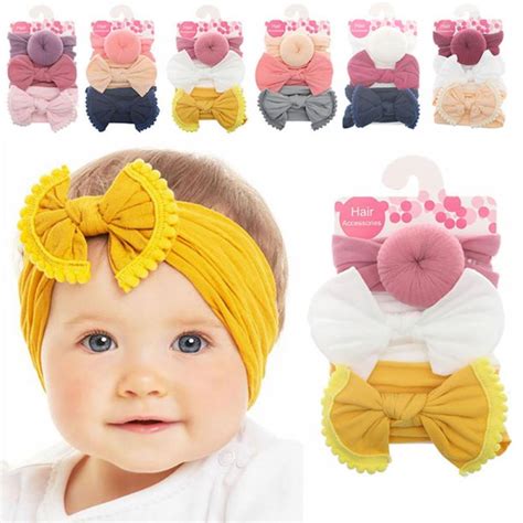 3 Pcs Super Stretchy Soft Knot Baby Girl Headbands With Hair Bows Head