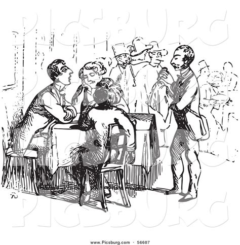 Clip Art Of An Old Fashioned Vintage Waiter Tending To Tired Travelers In Black And White By