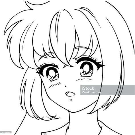 Cute Anime Girl Icon Portrait Contour Vector Illustration Stock