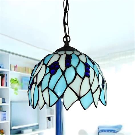 Blue 1 Light Suspension Lamp Baroque Stained Glass Domed Shaped Hanging
