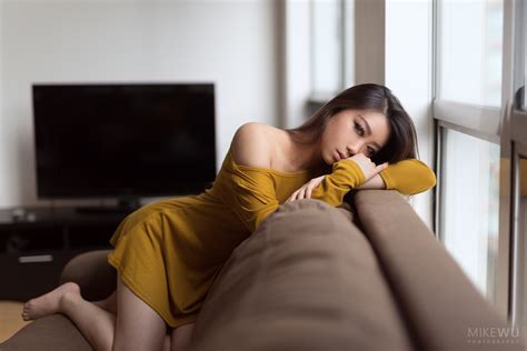 Wallpaper Women Asian Kneeling Couch Tv Window Yellow Dress Portrait X
