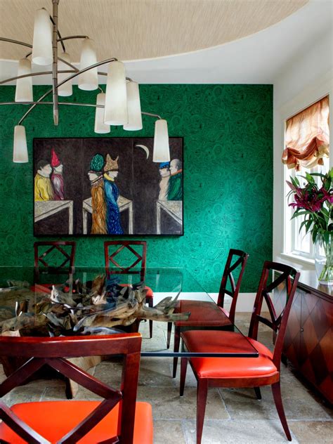 Bold Eclectic Dining Room With Green Wallpaper Accent Wall Hgtv