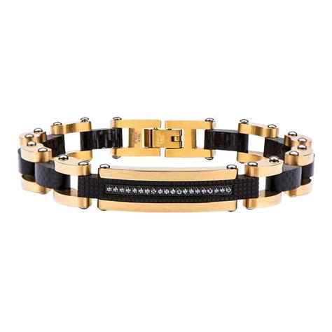 Mens Two Tone Stainless Steel Carbon Fiber And Cubic Zirconia Bracelet